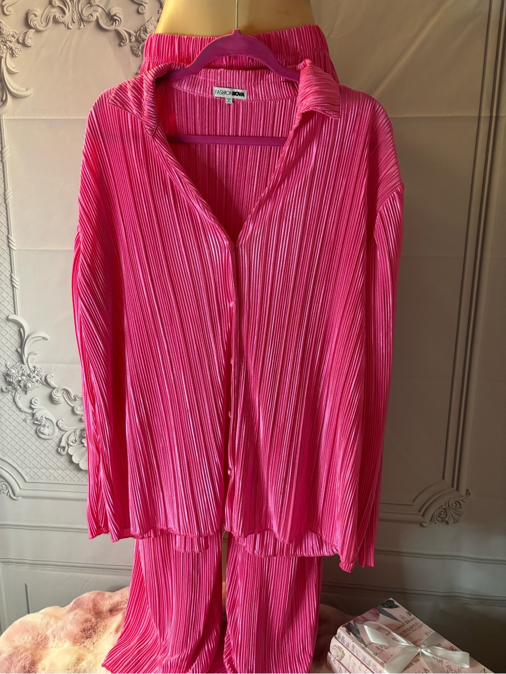Fashion Nova Hot Pink Pleated Two-Piece Set | Blouse & Pants | Size Large